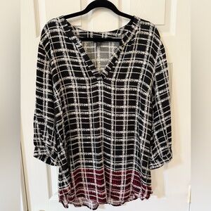 Tribal Black and White Checkered Blouse with Red Accents